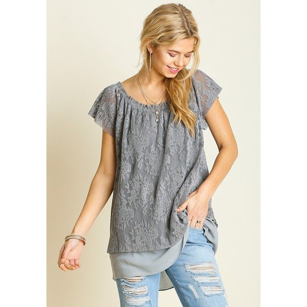 Umgee Top Large Gray Lace Overlay Short Sleeve Boho Casual